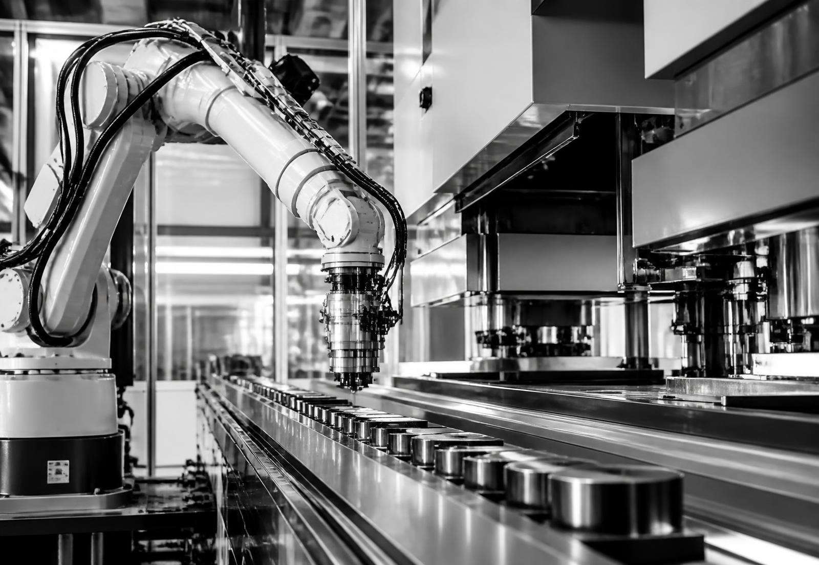 Black and white photograph of a robotic arm working over a factory conveyor